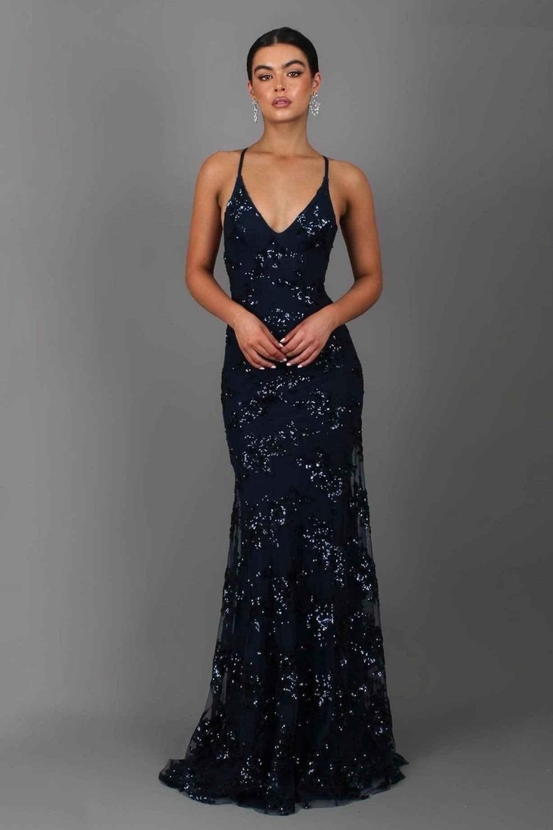 Elegant Long Sleeveless V Neck Evening Dress - Nocini