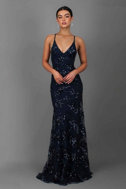 Elegant Long Sleeveless V Neck Evening Dress - Nocini