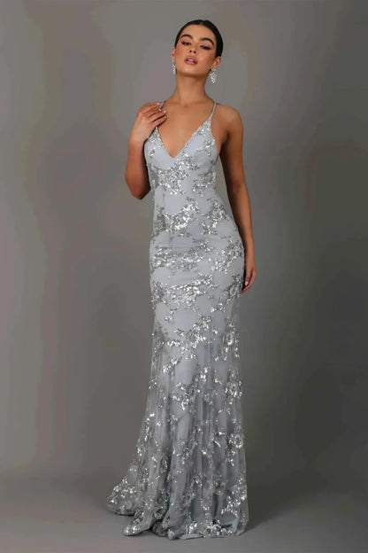 Elegant Long Sleeveless V Neck Evening Dress