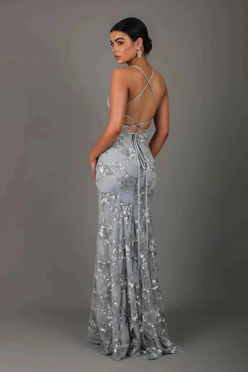 Elegant Long Sleeveless V Neck Evening Dress