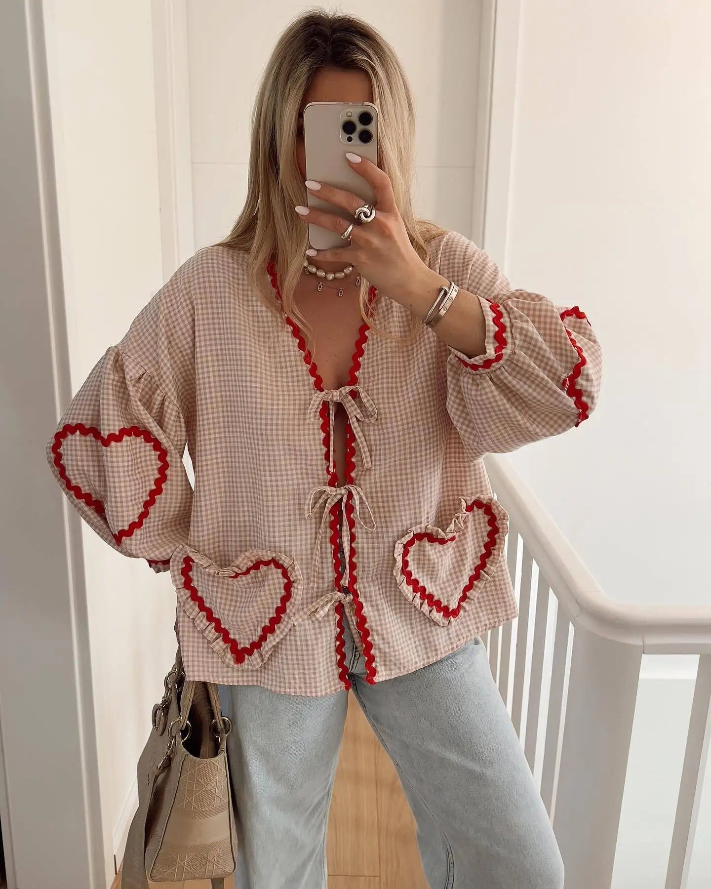 Ladies Plaid Top with Heart Patches and Tie Front - Nocini