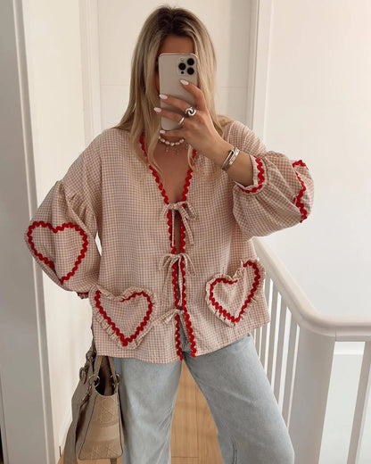 Ladies Plaid Top with Heart Patches and Tie Front - Nocini