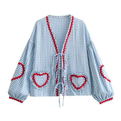 Ladies Plaid Top with Heart Patches and Tie Front
