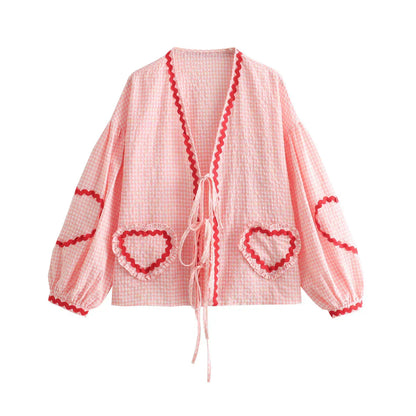Ladies Plaid Top with Heart Patches and Tie Front