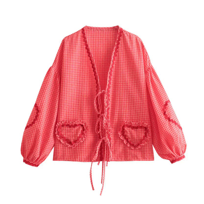 Ladies Plaid Top with Heart Patches and Tie Front