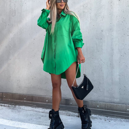 Ladies Button Front Long Sleeve Shirt Dress
