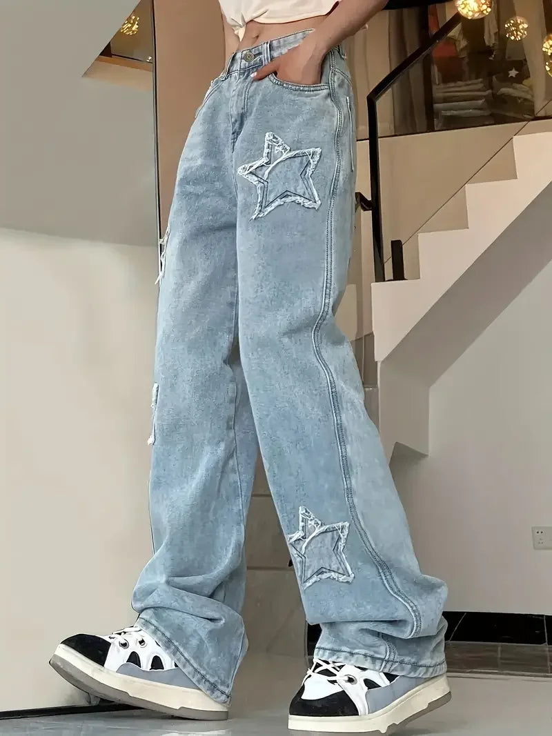 Fashionable Star Embellished High Waist Women's Pants