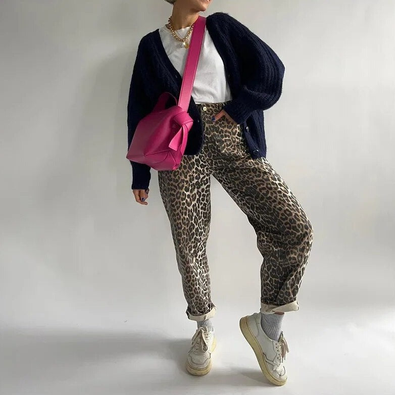Fashionable High Waist Leopard Print Trousers - Nocini