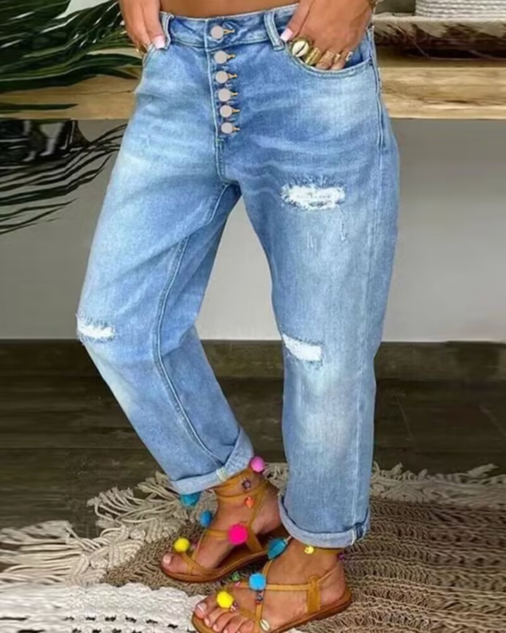 Women's Distressed Boyfriend Pants with Button Fly - Nocini