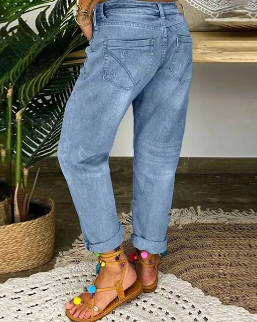 Women's Distressed Boyfriend Pants with Button Fly