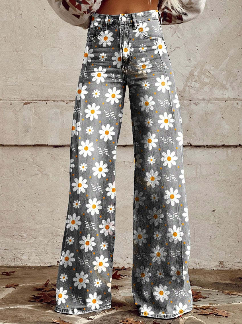 Loose Fit High Waisted Floral Women's Trousers - Nocini