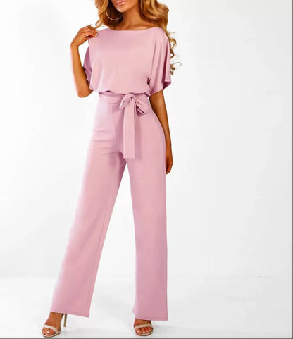Women's Elegant Jumpsuit with Flared Sleeves and Waist Tie