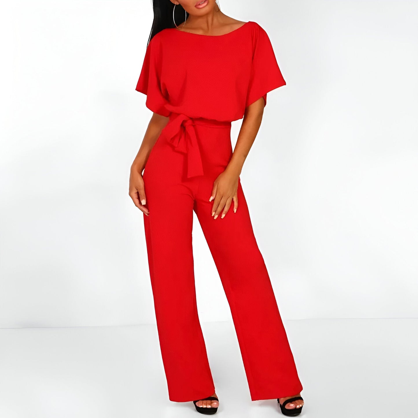 Women's Elegant Jumpsuit with Flared Sleeves and Waist Tie