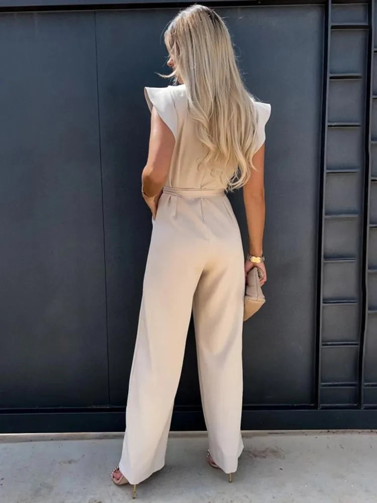 Women's Ruffle Sleeve Jumpsuit with Waist Tie