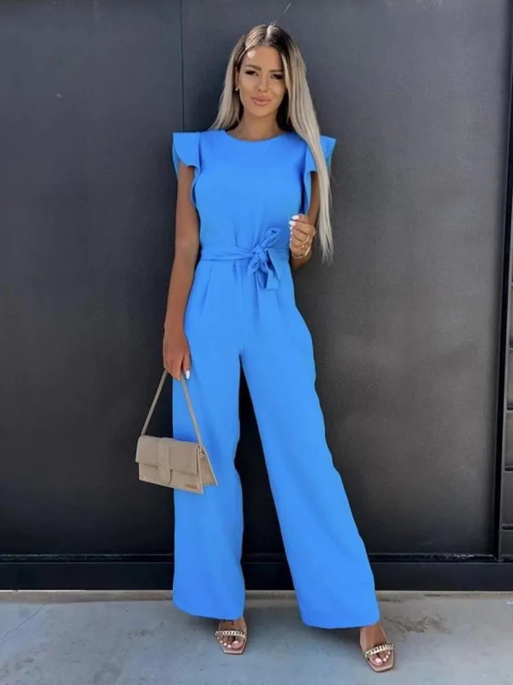 Women's Ruffle Sleeve Jumpsuit with Waist Tie