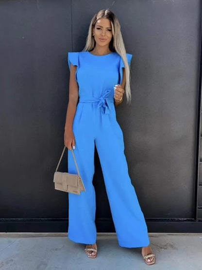 Women's Ruffle Sleeve Jumpsuit with Waist Tie