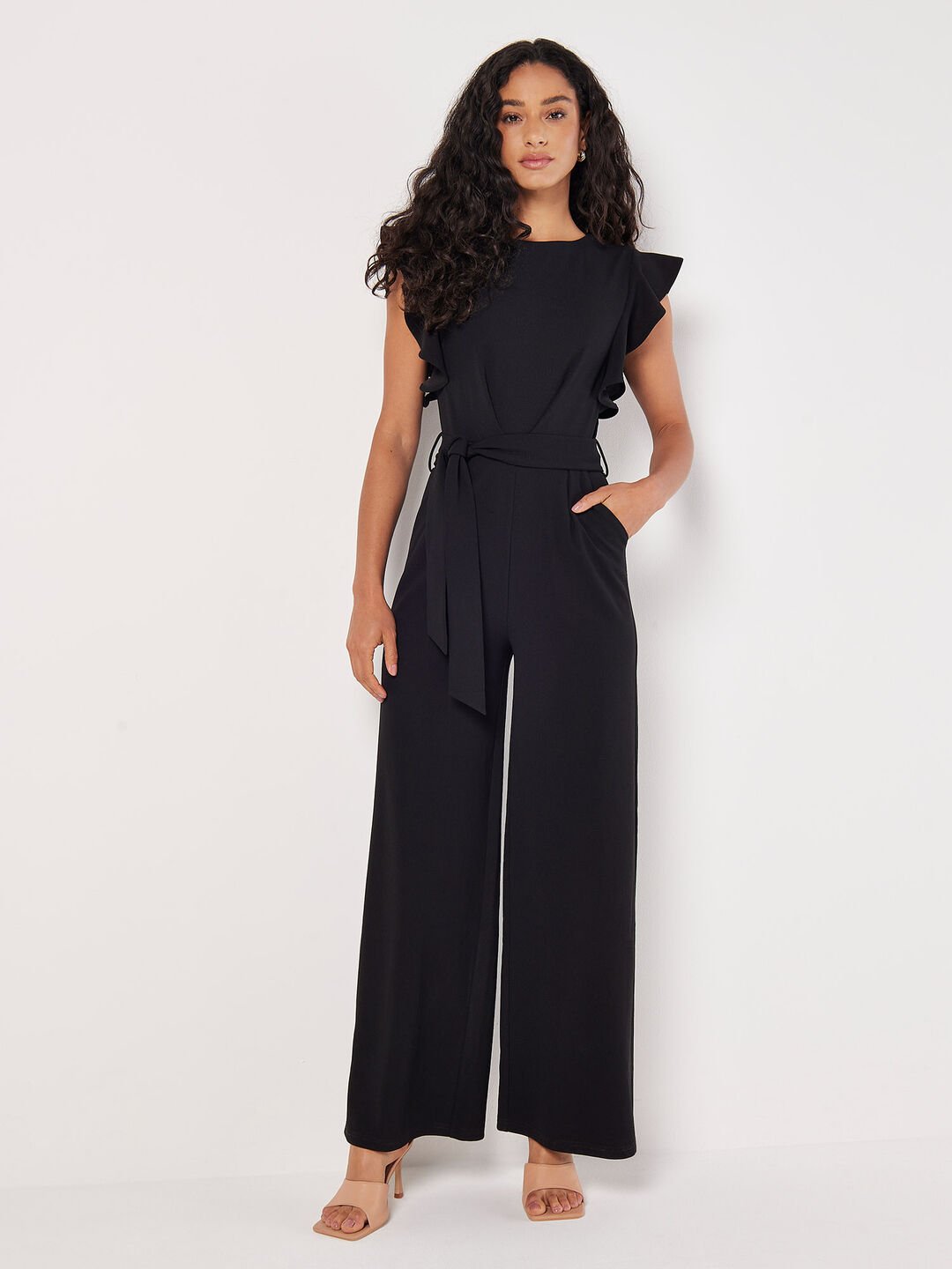 Women's Ruffle Sleeve Jumpsuit with Waist Tie