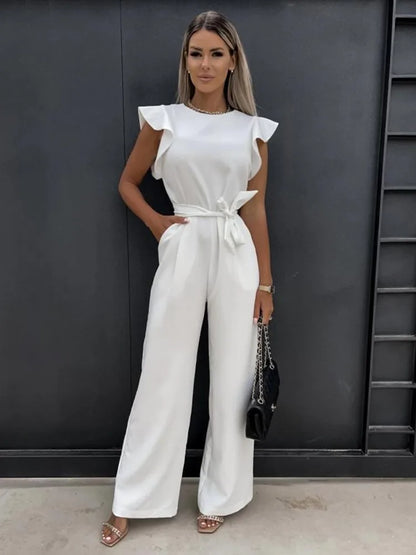 Women's Ruffle Sleeve Jumpsuit with Waist Tie