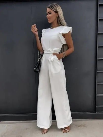 Women's Ruffle Sleeve Jumpsuit with Waist Tie
