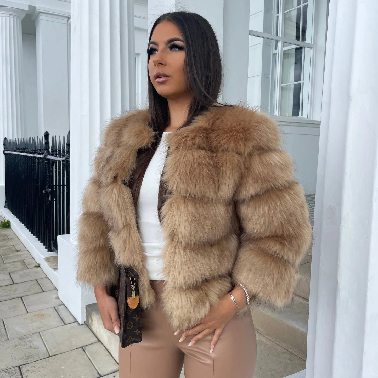 Luxury Faux Fur Open Front Coat for Women - Nocini