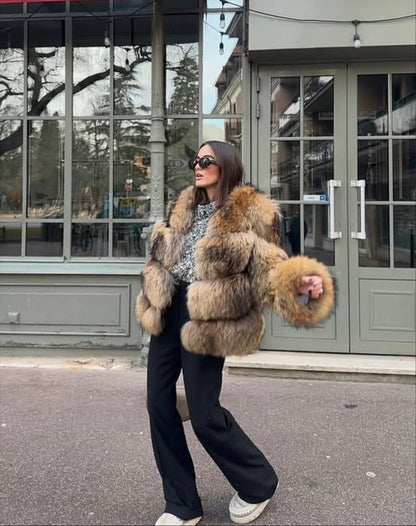 Ladies' Chic Fake Fur Coat with Wide Stripes