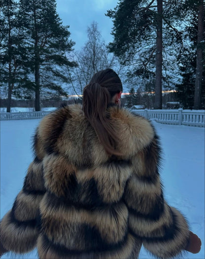 Ladies' Chic Fake Fur Coat with Wide Stripes