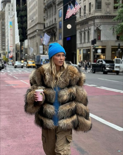 Ladies' Chic Fake Fur Coat with Wide Stripes