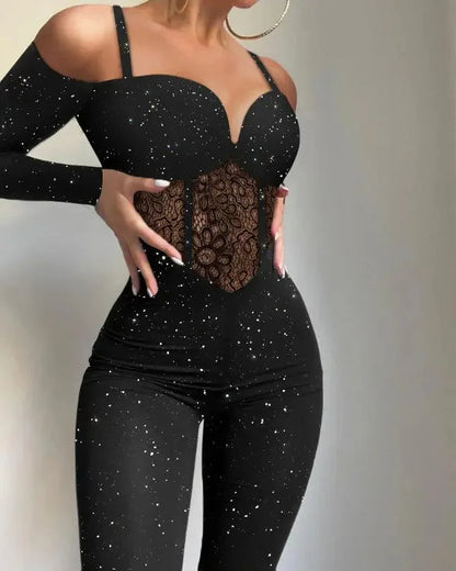 Sequined Women's Jumpsuit with V Neck and Off Shoulder - Nocini