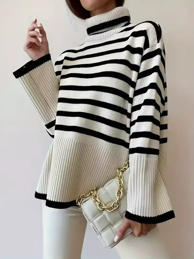 Ladies Classic Horizontal Stripe Crew Neck Sweater - Nocini