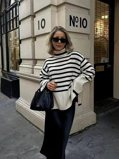 Ladies Classic Horizontal Stripe Crew Neck Sweater