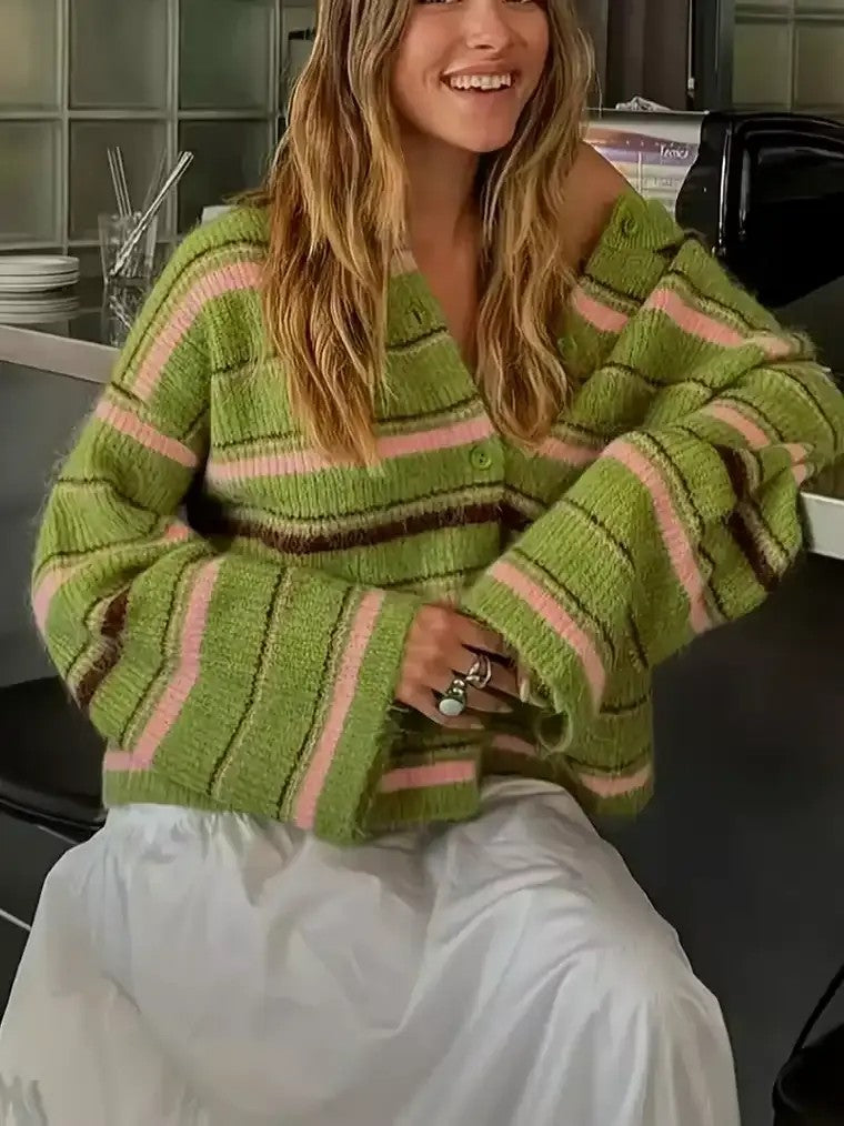 Comfy Striped Crew Neck Women's Cardigan Sweater