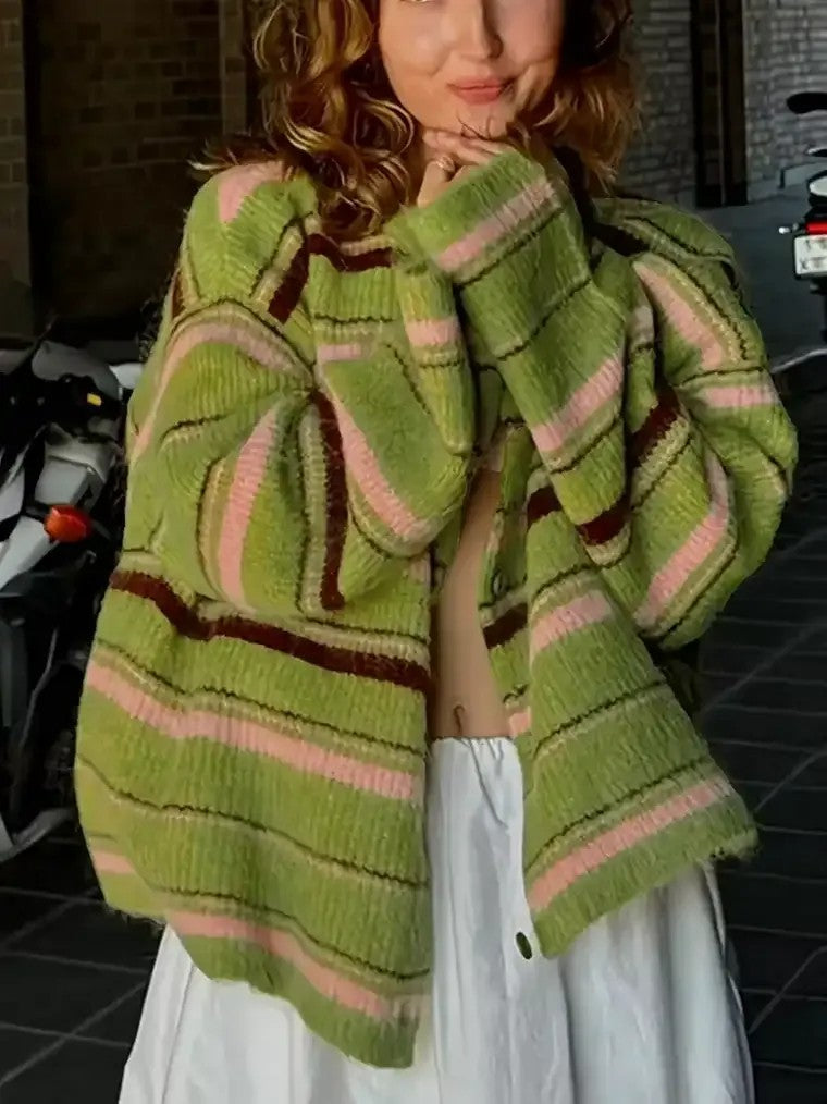 Comfy Striped Crew Neck Women's Cardigan Sweater