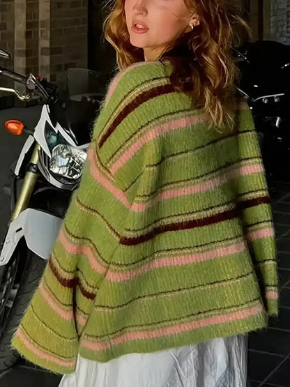 Comfy Striped Crew Neck Women's Cardigan Sweater