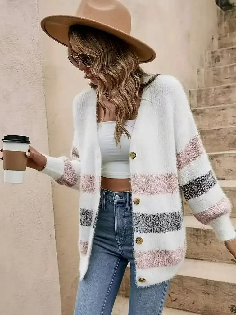 Women's Cozy Open Front Stripe Cardigan Sweater