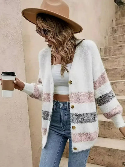 Women's Cozy Open Front Stripe Cardigan Sweater