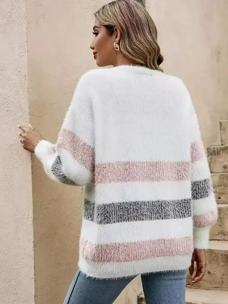 Women's Cozy Open Front Stripe Cardigan Sweater