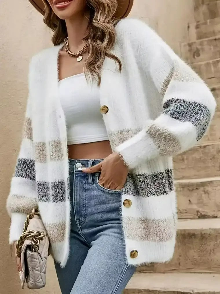 Women's Cozy Open Front Stripe Cardigan Sweater