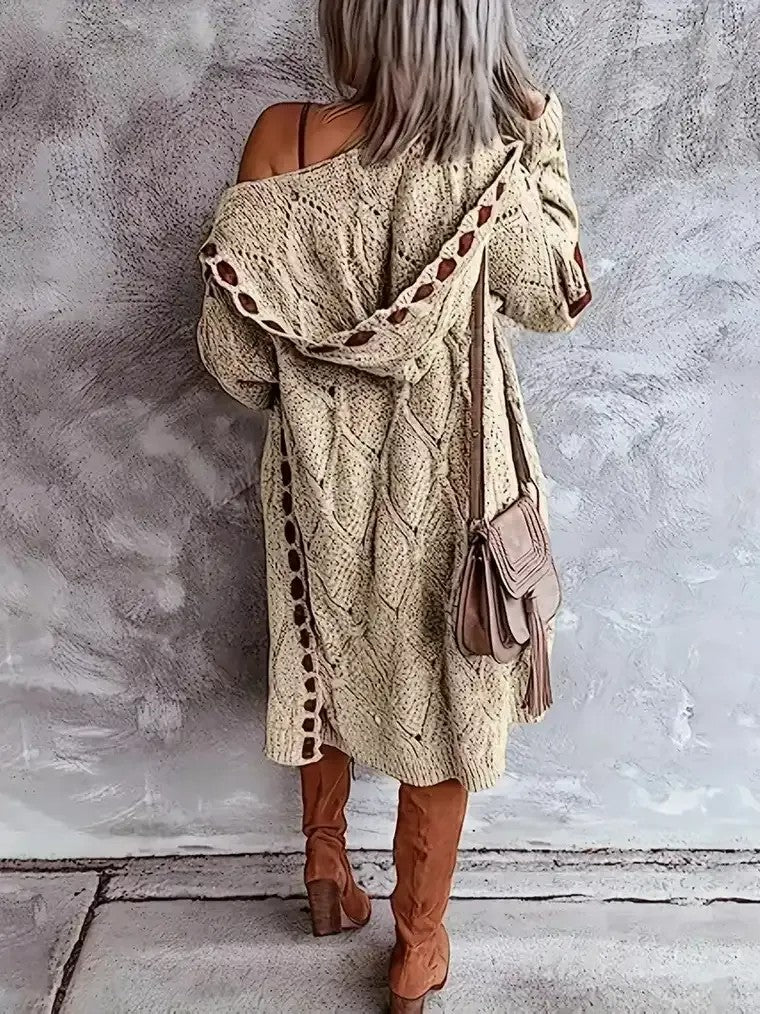 Women's Cozy Hooded Cardigan with Diamond Design