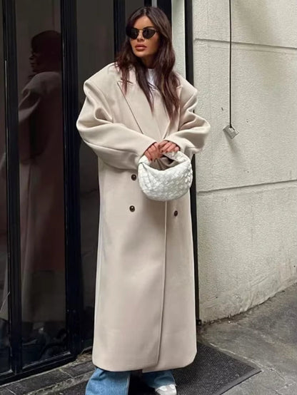 Women's Long Trench Coat with Classic Lapel and Buttons