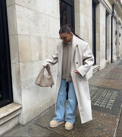 Women's Long Trench Coat with Classic Lapel and Buttons