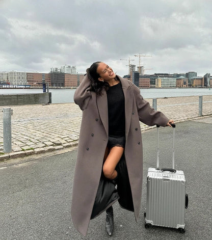 Women's Long Trench Coat with Classic Lapel and Buttons