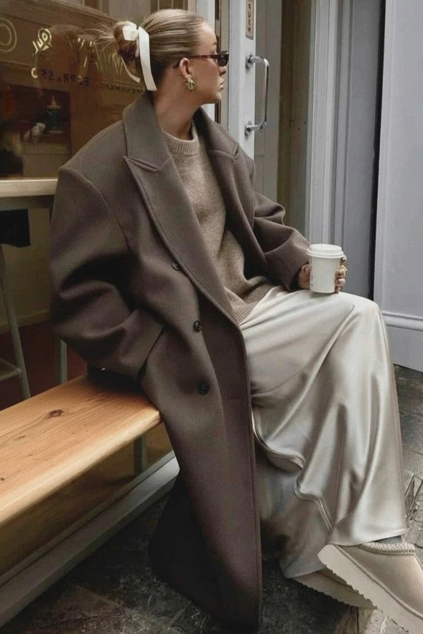 Women's Long Trench Coat with Classic Lapel and Buttons