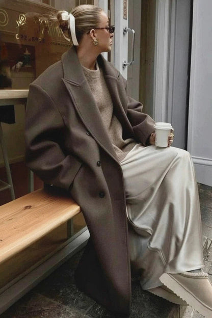 Women's Long Trench Coat with Classic Lapel and Buttons