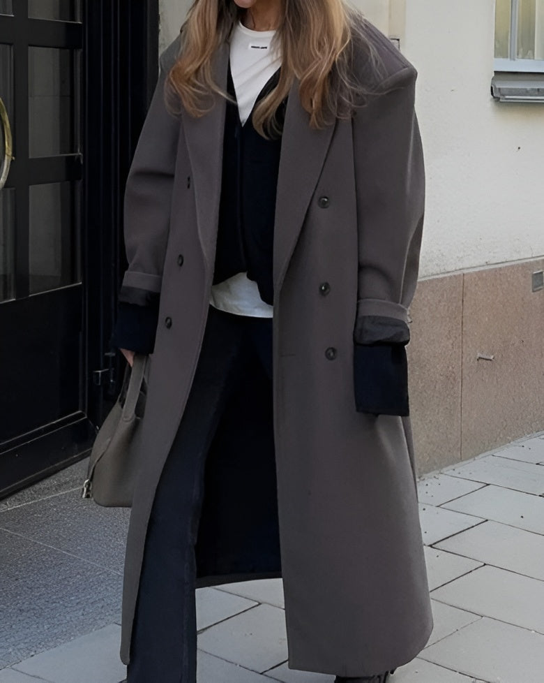 Women's Long Trench Coat with Classic Lapel and Buttons