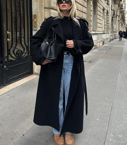 Long Double Breasted Belted Women's Coat
