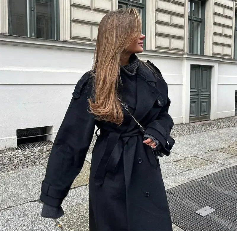 Long Double Breasted Belted Women's Coat