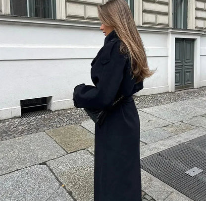 Long Double Breasted Belted Women's Coat