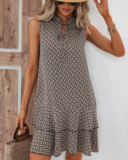 Ladies Floral Midi Dress with Ruffled Hem and Waist Tie