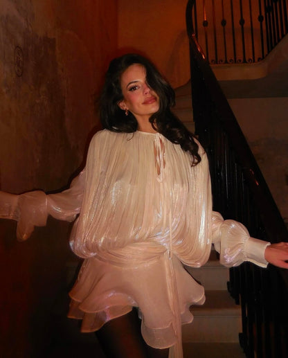 Chic Petite Dress with V Neck and Puffy Sleeves