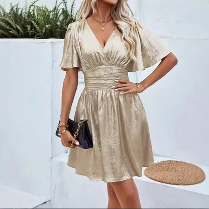 Chic V Neck Short Sleeved Mini Dress - Nocini